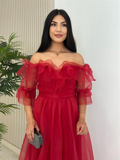 Organze Tül Madonna Yaka Abiye Kırmızı