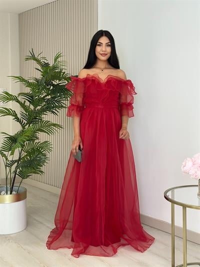 Organze Tül Madonna Yaka Abiye Kırmızı