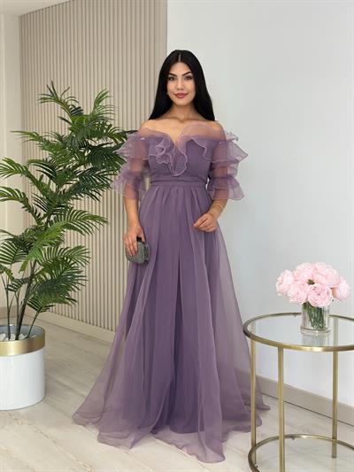 Organze Tül Madonna Yaka Abiye Lila