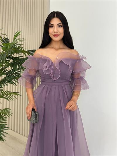 Organze Tül Madonna Yaka Abiye Lila