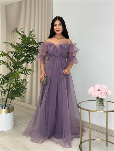 Organze Tül Madonna Yaka Abiye Lila