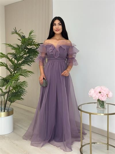 Organze Tül Madonna Yaka Abiye Lila