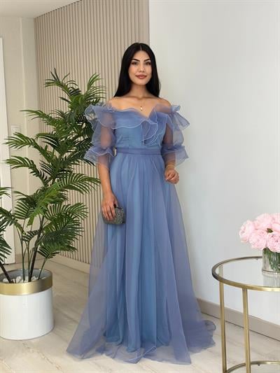 Organze Tül Madonna Yaka Abiye Mavi