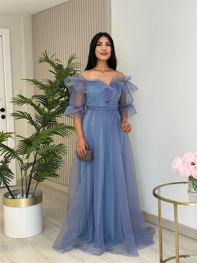 Organze Tül Madonna Yaka Abiye Mavi