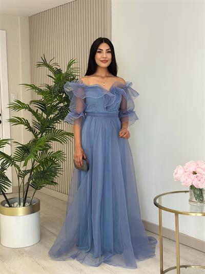 Organze Tül Madonna Yaka Abiye Mavi