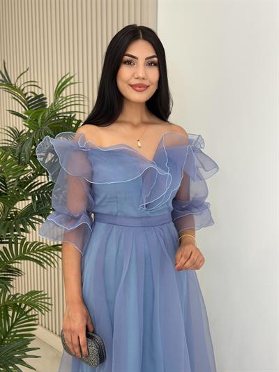 Organze Tül Madonna Yaka Abiye Mavi