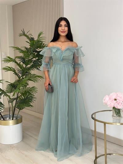 Organze Tül Madonna Yaka Abiye Mint