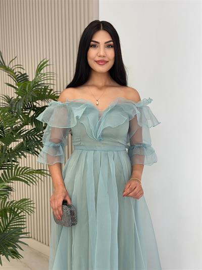 Organze Tül Madonna Yaka Abiye Mint
