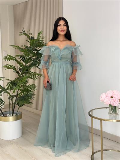 Organze Tül Madonna Yaka Abiye Mint