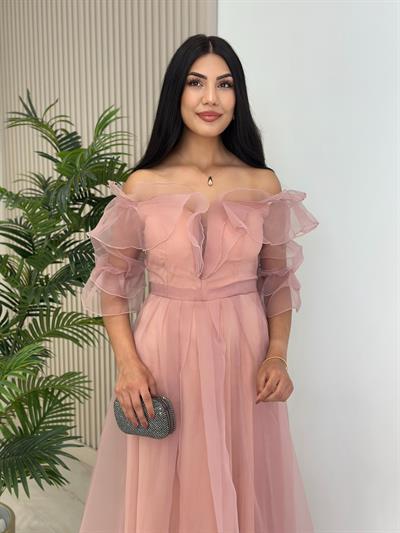 Organze Tül Madonna Yaka Abiye Pudra