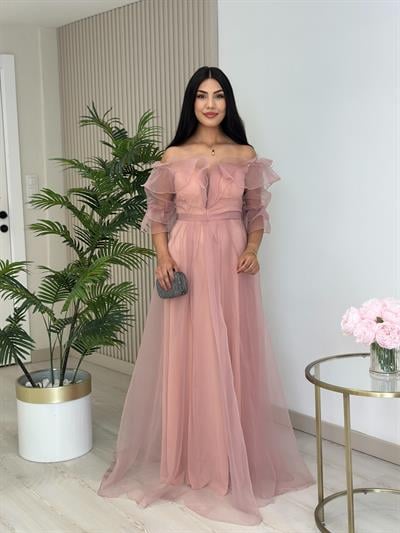 Organze Tül Madonna Yaka Abiye Pudra