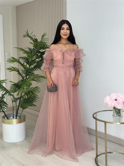 Organze Tül Madonna Yaka Abiye Pudra