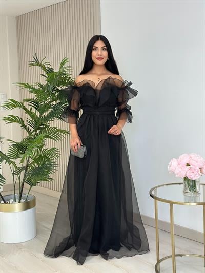 Organze Tül Madonna Yaka Abiye Siyah