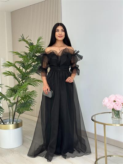 Organze Tül Madonna Yaka Abiye Siyah