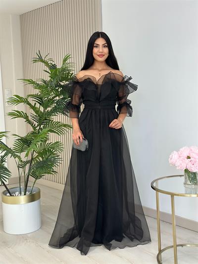 Organze Tül Madonna Yaka Abiye Siyah