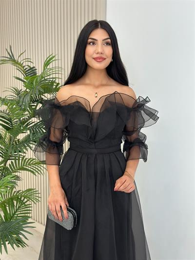 Organze Tül Madonna Yaka Abiye Siyah