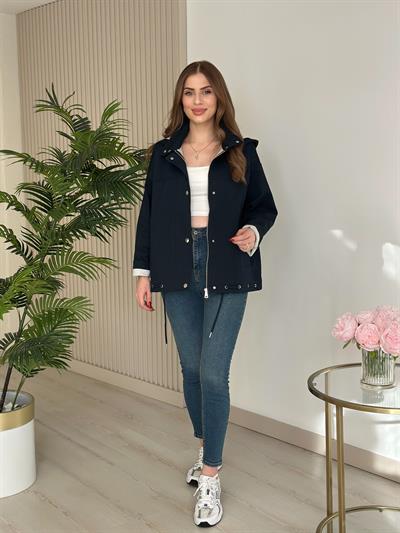 Orj. Marka İçi Penye Kapamalı Kapşonlu Mont Lacivert 