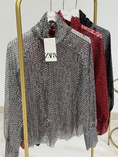 Orj. Marka Boncuk Payet İşlemeli Tül Bluz Siyah