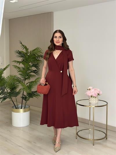 Orj. Marka Beli Gold Düğmeli Fularlı Kruvaze Elbise Kiremit