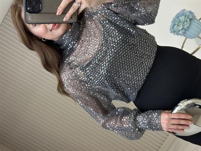 Orj. Marka Boncuk Payet İşlemeli Tül Bluz Füme