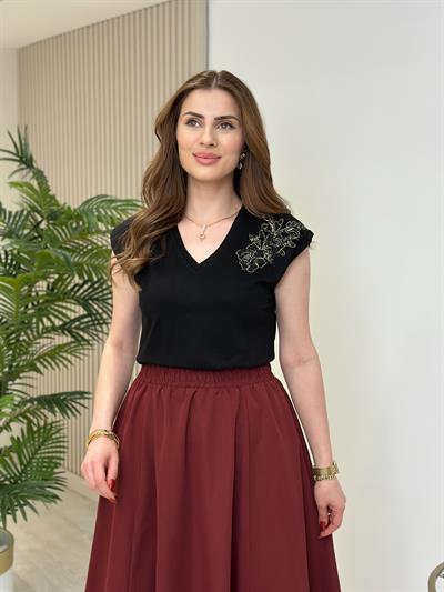 Orj. Marka Omzu Boncuk İşlemeli Tshirt Siyah