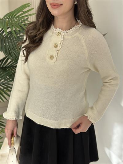 Orj. Marka Yakası Gold Düğmeli Fistolu Yumoş Kazak Krem