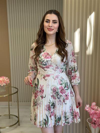 Orj. Marka Çiçekli Tül Elbise Ekru