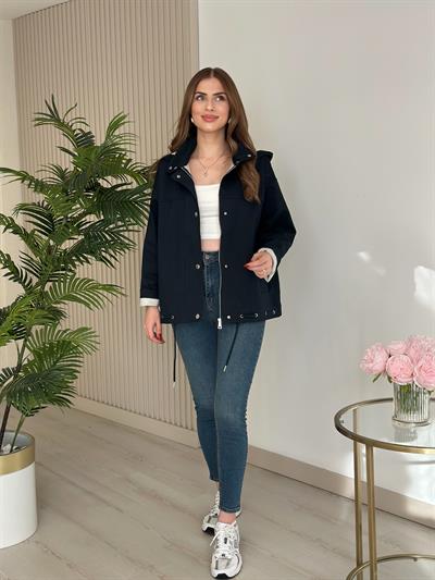 Orj. Marka İçi Penye Kapamalı Kapşonlu Mont Lacivert 