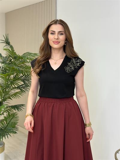 Orj. Marka Omzu Boncuk İşlemeli Tshirt Siyah