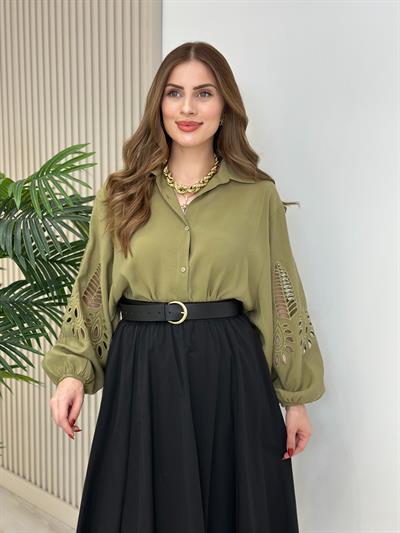 Orj. Marka Kolları Fistolu Rahat Kalıp Gömlek Haki