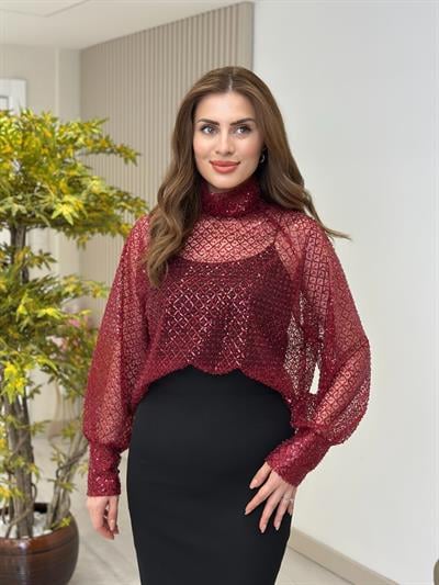 Orj. Marka Boncuk Payet İşlemeli Tül Bluz Bordo