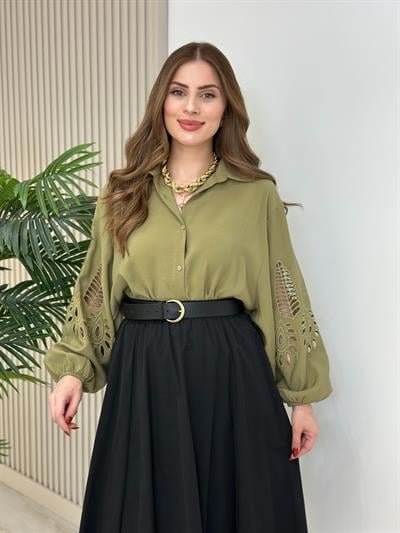 Orj. Marka Kolları Fistolu Rahat Kalıp Gömlek Haki