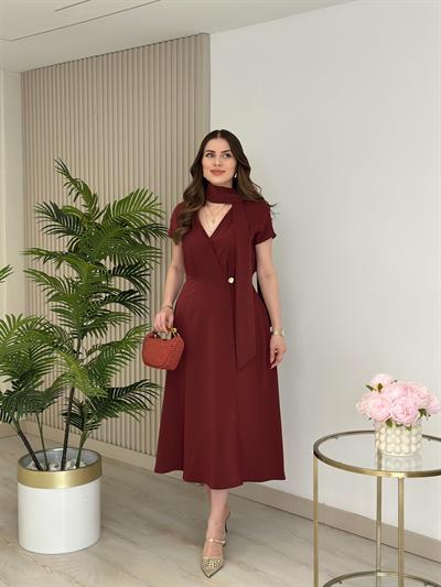 Orj. Marka Beli Gold Düğmeli Fularlı Kruvaze Elbise Kiremit