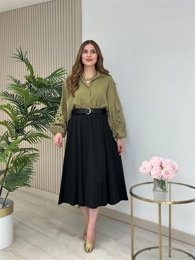 Orj. Marka Kolları Fistolu Rahat Kalıp Gömlek Haki