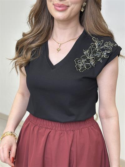 Orj. Marka Omzu Boncuk İşlemeli Tshirt Siyah