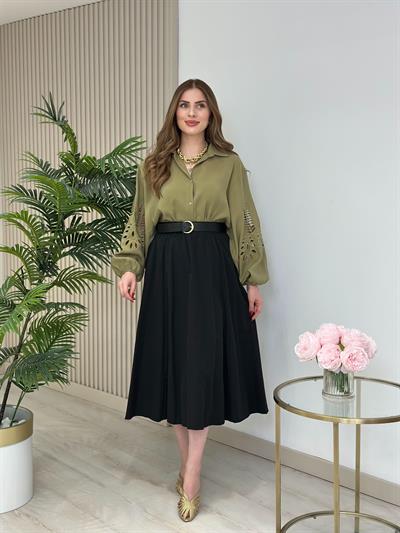 Orj. Marka Kolları Fistolu Rahat Kalıp Gömlek Haki