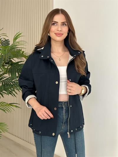 Orj. Marka İçi Penye Kapamalı Kapşonlu Mont Lacivert 