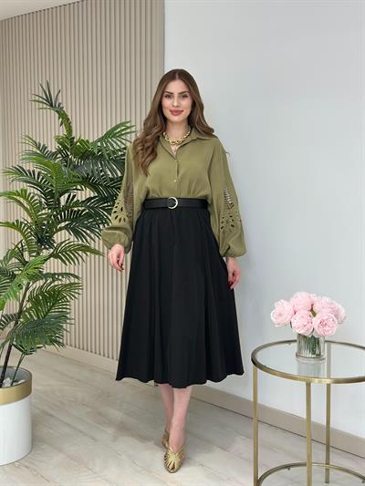 Orj. Marka Kolları Fistolu Rahat Kalıp Gömlek Haki