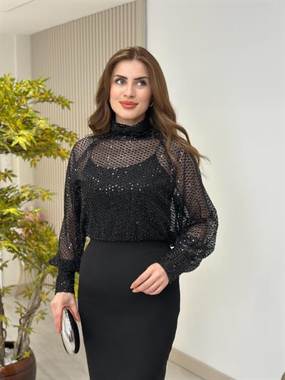 Orj. Marka Boncuk Payet İşlemeli Tül Bluz Siyah