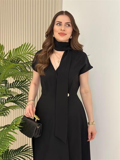 Orj. Marka Beli Gold Düğmeli Fularlı Kruvaze Elbise Siyah