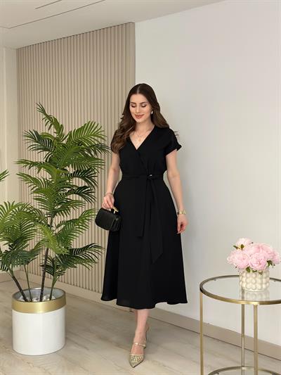 Orj. Marka Beli Gold Düğmeli Fularlı Kruvaze Elbise Siyah