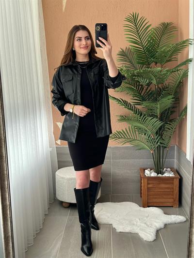 Ottoman Kumaş Omuzları Vatkalı Siyah Elbise