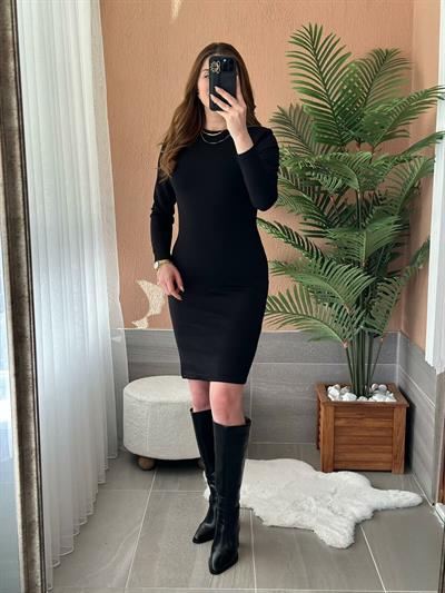 Ottoman Kumaş Omuzları Vatkalı Siyah Elbise