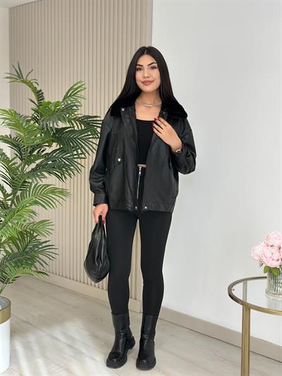 Oversıze Cepli Deri Mont Siyah