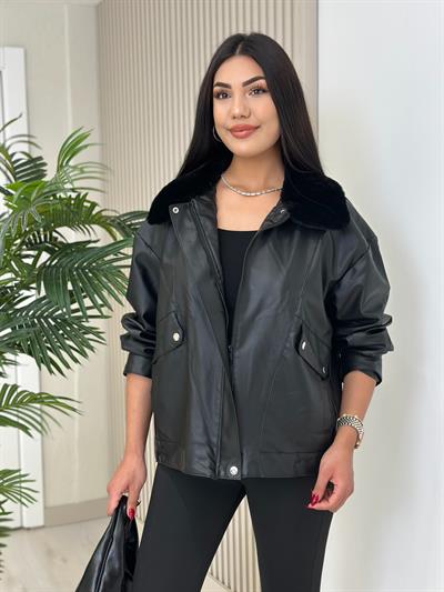 Oversıze Cepli Deri Mont Siyah