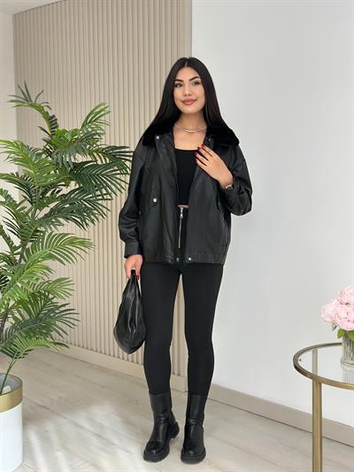 Oversıze Cepli Deri Mont Siyah