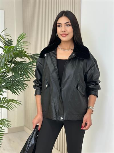 Oversıze Cepli Deri Mont Siyah