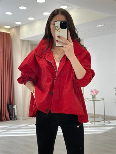 Oversıze Cepli Rüzgarlık Kırmızı 