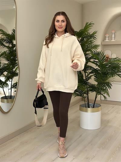 Oversıze Kapşonlu Sweatshirt Bej