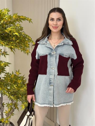 Oversıze Kot Detaylı Cepli Altı Püsküllü Tasarım Hırka Bordo